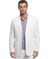 Slim down your wardrobe options with this Perry Ellis seersucker blazer. Slim down your wardrobe options with this Perry Ellis seersucker blazer.