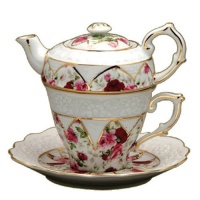 Gracie China 4-Piece Porcelain Tea for One, Stacked Teapot Cup Saucer, Red Rose Gracie China 4-Piece Porcelain Tea for One, Stacked Teapot Cup Saucer, Red Rose