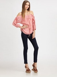 Slip into this shoulder-baring silhouette with sexy spaghetti straps and fluttering ruffles. Square neckline with tired pleatsDropped cutout shouldersSpaghetti strapsLong sleeves with elastic band cuffsSelf-tie drawstringAbout 25 from shoulder to hemSilkDry cleanImportedModel shown is 5'9.5 (176cm) wearing US size 4. Slip into this shoulder-baring silhouette with sexy spaghetti straps and fluttering ruffles. Square neckline with tired pleatsDropped cutout shouldersSpaghetti strapsLong sleeves with elastic band cuffsSelf-tie drawstringAbout 25 from shoulder to hemSilkDry cleanImportedModel shown is 5'9.5 (176cm) wearing US size 4.