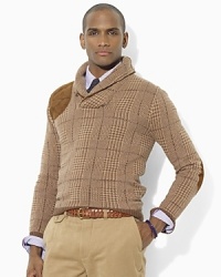 A tonal Glen plaid pattern and accents of sumptuous Italian goat suede give this shawl-collar pullover a handsome look that's rich in heritage. A tonal Glen plaid pattern and accents of sumptuous Italian goat suede give this shawl-collar pullover a handsome look that's rich in heritage.
