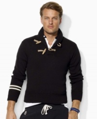 A handsome pullover in ribbed-knit cotton exudes heritage style with a refined shawl collar and rustic rope-and-toggle closures. A handsome pullover in ribbed-knit cotton exudes heritage style with a refined shawl collar and rustic rope-and-toggle closures.