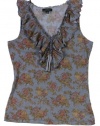 Lauren Jeans Co. Women's Sleeveless Ruffled V-neck Jersey Top (Blue Multi) (Medium)