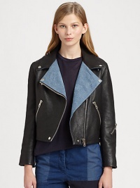 Denim trim softens this edgy leather motorcycle jacket. Denim-trim notched collarSnap closures; front zipperLong denim-trim sleevesZippered cuffsZippered slash pocketsAbout 19 from shoulder to hemBody: LeatherTrim: Viscose/cottonDry clean with leather specialistImportedSIZE & FITModel shown is 5'10 (177cm) wearing US size 4. Denim trim softens this edgy leather motorcycle jacket. Denim-trim notched collarSnap closures; front zipperLong denim-trim sleevesZippered cuffsZippered slash pocketsAbout 19 from shoulder to hemBody: LeatherTrim: Viscose/cottonDry clean with leather specialistImportedSIZE & FITModel shown is 5'10 (177cm) wearing US size 4.