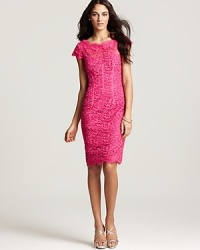 This romantic ML Monique Lhuillier sheath makes a stunning statement with luxe lace and impeccable tailoring. This romantic ML Monique Lhuillier sheath makes a stunning statement with luxe lace and impeccable tailoring.