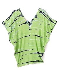 Large dolman sleeves and a generous drape makes this tie dyed top a great cover-up option for poolside style. Large dolman sleeves and a generous drape makes this tie dyed top a great cover-up option for poolside style.