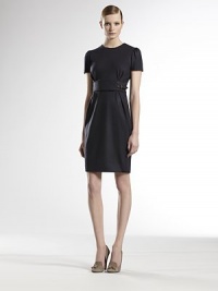 Finespun wool jersey, itailored in a chic, ladylike silhouette.Jewel necklinePuffed short sleevesBust gathersSelf buckle belt WoolDry cleanMade in ItalyModel shown is 5'11 (180cm) wearing US size Small. Finespun wool jersey, itailored in a chic, ladylike silhouette.Jewel necklinePuffed short sleevesBust gathersSelf buckle belt WoolDry cleanMade in ItalyModel shown is 5'11 (180cm) wearing US size Small.