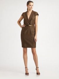 Timelessly stylish, this cap-sleeve dress features a hint of stretch, classic Princess seams and a belted silhouette for a flattering look. Shawl collarCap sleevesPrincess seamsLeather belt includedConcealed back zipperBack ventFully linedAbout 21 from natural waist57% virgin wool/40% linen/3% elastaneDry cleanImported Model shown is 5'10 (177cm) wearing US size 4. Timelessly stylish, this cap-sleeve dress features a hint of stretch, classic Princess seams and a belted silhouette for a flattering look. Shawl collarCap sleevesPrincess seamsLeather belt includedConcealed back zipperBack ventFully linedAbout 21 from natural waist57% virgin wool/40% linen/3% elastaneDry cleanImported Model shown is 5'10 (177cm) wearing US size 4.