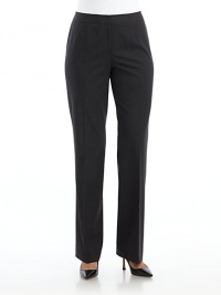 THE LOOKWide waistband with bar-and-loop closeFront zipperStraight legsTHE FITRise, about 10Inseam, about 34THE MATERIAL95% wool/5% Lycra spandexCARE & ORIGINDry cleanImported THE LOOKWide waistband with bar-and-loop closeFront zipperStraight legsTHE FITRise, about 10Inseam, about 34THE MATERIAL95% wool/5% Lycra spandexCARE & ORIGINDry cleanImported