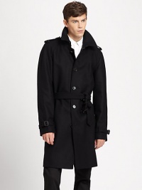 An optimal choice for all-weather style and wearability, this single-breasted silhouette is neatly tailored from a smart wool blend and accented with a check pattern at the collar.Button frontShoulder epaulettesWaist slash pocketsBelted waistRear ventFully linedAbout 40 from shoulder to hemWool/nylonDry cleanImported An optimal choice for all-weather style and wearability, this single-breasted silhouette is neatly tailored from a smart wool blend and accented with a check pattern at the collar.Button frontShoulder epaulettesWaist slash pocketsBelted waistRear ventFully linedAbout 40 from shoulder to hemWool/nylonDry cleanImported