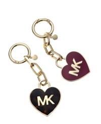 Keep your keys close to the heart with this exquisite keychain from MICHAEL Michael Kors, featuring the iconic MK logo upon an enamel backdrop. Each romantic heart dangles discretely from a pretty, polished key ring with a petite companion hang tag.