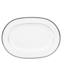 Go platinum. A solid band and three tiers of sparkling squares in white porcelain give the Pembroke Platinum oval platter a look that's festive yet refined. A brilliant addition to a contemporary dinnerware collection by Noritake. Go platinum. A solid band and three tiers of sparkling squares in white porcelain give the Pembroke Platinum oval platter a look that's festive yet refined. A brilliant addition to a contemporary dinnerware collection by Noritake.
