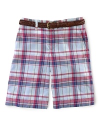 A lightweight Bermuda short exudes preppy polish in a vibrantly hued classic madras. An embroidered pony accents the back right hip. A lightweight Bermuda short exudes preppy polish in a vibrantly hued classic madras. An embroidered pony accents the back right hip.
