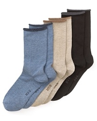 Soft socks with HUE printed on sole and contrast trim at ankles. Soft socks with HUE printed on sole and contrast trim at ankles.