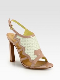 Contrasting patent leather trim surrounds a woven straw upper, while an adjustable slingback strap holds the foot in place. Patent leather heel, 4 (100mm)Straw and patent leather upperLeather lining and solePadded insoleMade in ItalyOUR FIT MODEL RECOMMENDS ordering one size up as this style runs small. Contrasting patent leather trim surrounds a woven straw upper, while an adjustable slingback strap holds the foot in place. Patent leather heel, 4 (100mm)Straw and patent leather upperLeather lining and solePadded insoleMade in ItalyOUR FIT MODEL RECOMMENDS ordering one size up as this style runs small.