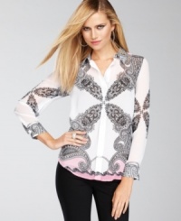 An elegant mix of paisley pattern and ombré coloring, INC's sleek petite shirt ups the ante on any outfit! An elegant mix of paisley pattern and ombré coloring, INC's sleek petite shirt ups the ante on any outfit!