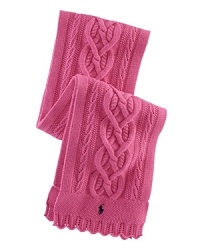 Rendered in the softest cotton for comfortable warmth, a classic cabled scarf is trimmed with scalloped pointelle edges for a pretty finish. Rendered in the softest cotton for comfortable warmth, a classic cabled scarf is trimmed with scalloped pointelle edges for a pretty finish.