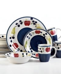 A tasty collection of painted blueberries, apples and pears offer a country-inspired design upon durable stoneware from Gibson. Countered with bands of dark blue, the Granada Fruits dinnerware set is incredibly charming. A tasty collection of painted blueberries, apples and pears offer a country-inspired design upon durable stoneware from Gibson. Countered with bands of dark blue, the Granada Fruits dinnerware set is incredibly charming.