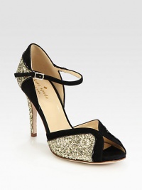 For a head-turning look, this glittery point toe design mixed with soft suede and patent trim is the perfect choice. Glitter-coated heel, 3¾ (95mm)Suede and glitter upper with patent leather trimPeep toeAdjustable ankle strapLeather lining and solePadded insoleMade in Italy For a head-turning look, this glittery point toe design mixed with soft suede and patent trim is the perfect choice. Glitter-coated heel, 3¾ (95mm)Suede and glitter upper with patent leather trimPeep toeAdjustable ankle strapLeather lining and solePadded insoleMade in Italy