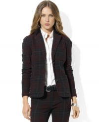 Lauren Jeans Co.'s soft corduroy stand collar and plaid cotton construction evoke the rustic feel of the countryside, while a feminine fit and embellished crest buttons refine this must-have blazer. Lauren Jeans Co.'s soft corduroy stand collar and plaid cotton construction evoke the rustic feel of the countryside, while a feminine fit and embellished crest buttons refine this must-have blazer.
