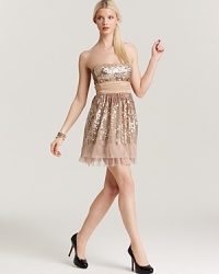 Bedecked in glittering sequins, this party-perfect BCBGMAXAZRIA dress touts a dramatic waist sash for a feminine finish. Bedecked in glittering sequins, this party-perfect BCBGMAXAZRIA dress touts a dramatic waist sash for a feminine finish.