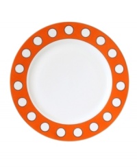 Spot on. Jonathan Adler's Mod Dot dinner plates give any meal a stylish boost with a bold orange and white palette. Gold trim adds an opulent touch.