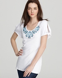 This BASLER tee gets a feminine update with knotted slit sleeves and a bib of intricate turquoise beading. Pair this playful piece with jean shorts for a look that is casually chic. This BASLER tee gets a feminine update with knotted slit sleeves and a bib of intricate turquoise beading. Pair this playful piece with jean shorts for a look that is casually chic.