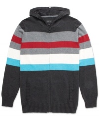 Add a sporty pop of color your winter wardrobe with this hooded striped sweater by O'Neill. Add a sporty pop of color your winter wardrobe with this hooded striped sweater by O'Neill.