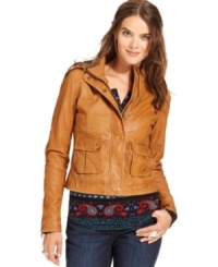 A fall must-have, this Lucky Brand Jeans leather motorcycle jacket adds chic style to any outfit! A fall must-have, this Lucky Brand Jeans leather motorcycle jacket adds chic style to any outfit!
