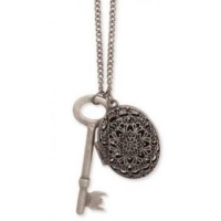 ZAD Vintage Look Large Key and Oval Filigree Cutout Locket Charm Necklace on Long 34 Linked Antique Silver Tone Chain ZAD Vintage Look Large Key and Oval Filigree Cutout Locket Charm Necklace on Long 34 Linked Antique Silver Tone Chain