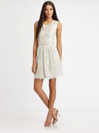 Delicate silk lace in an ultra-feminine silhouette, accented with silky trim at the waistband.Jewel necklineSleevelessWaistband trimGathered skirtBack keyhole button closureFully linedAbout 18 from natural waistSilkDry cleanMade in USAModel shown is 5'10½ (179cm) wearing US size 4. Delicate silk lace in an ultra-feminine silhouette, accented with silky trim at the waistband.Jewel necklineSleevelessWaistband trimGathered skirtBack keyhole button closureFully linedAbout 18 from natural waistSilkDry cleanMade in USAModel shown is 5'10½ (179cm) wearing US size 4.