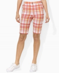 A seasonal must-have, the Garabaldi short is chic and stylish in sleek stretch cotton with a bright plaid pattern. A seasonal must-have, the Garabaldi short is chic and stylish in sleek stretch cotton with a bright plaid pattern.