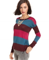 Wide stripes add a graphic appeal to this Kensie sweater for a cool, casual look! Wide stripes add a graphic appeal to this Kensie sweater for a cool, casual look!