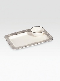A beautiful hummus set is defined by a marbleized platinum pattern inspired by the sunbaked shores of the Amalfi coast. Set includes a platinum-rimmed porcelain bowl and accompanying tray. Arrives in a signature gift box Porcelain Platinum Tray, 12½W X 8½L Food safe Dishwasher safe Made in USA A beautiful hummus set is defined by a marbleized platinum pattern inspired by the sunbaked shores of the Amalfi coast. Set includes a platinum-rimmed porcelain bowl and accompanying tray. Arrives in a signature gift box Porcelain Platinum Tray, 12½W X 8½L Food safe Dishwasher safe Made in USA