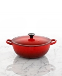 The chef's selection for simmering! Sloped sides encourage efficient mixing, promote the natural movement of heat liquid-even with the lid on-and keep ingredients from crowding corners and crevices. A durable, non-reactive sand-colored enameled interior promotes even and superior heat distribution and retention. Lifetime warranty. The chef's selection for simmering! Sloped sides encourage efficient mixing, promote the natural movement of heat liquid-even with the lid on-and keep ingredients from crowding corners and crevices. A durable, non-reactive sand-colored enameled interior promotes even and superior heat distribution and retention. Lifetime warranty.