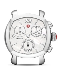 A clean, simply styled chronograph dial defines this Michele watch. It is a low-key luxury, designed to put your style face forward with an interchangeable strap. A clean, simply styled chronograph dial defines this Michele watch. It is a low-key luxury, designed to put your style face forward with an interchangeable strap.
