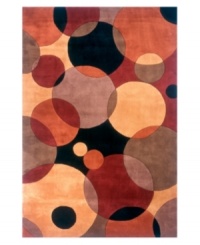 Abstract and absorbing, this rug features a multi-circle pattern in lavender, terra cotta, black, peach and burgundy. Reminiscent of modern art paintings, it adds striking modernity and grace to your home. Hand-tufted and hand-carved of plush wool. Abstract and absorbing, this rug features a multi-circle pattern in lavender, terra cotta, black, peach and burgundy. Reminiscent of modern art paintings, it adds striking modernity and grace to your home. Hand-tufted and hand-carved of plush wool.