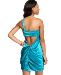 From the jewel-studded neckline to the perfectly draped back design, sleek parts create a perfectly glam whole on this dress from Morgan & Company! From the jewel-studded neckline to the perfectly draped back design, sleek parts create a perfectly glam whole on this dress from Morgan & Company!