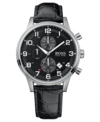 Be on the dot in both style and functionality with this great modern watch from Hugo Boss. Black croc-embossed leather strap. Silvertone stainless steel round case and round black dial with three subdials, date window, logo and numeral indices. Quartz movement. Water resistant to 30 meters. Two-year limited warranty. Be on the dot in both style and functionality with this great modern watch from Hugo Boss. Black croc-embossed leather strap. Silvertone stainless steel round case and round black dial with three subdials, date window, logo and numeral indices. Quartz movement. Water resistant to 30 meters. Two-year limited warranty.