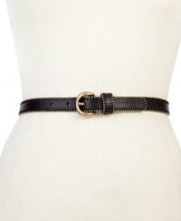 Elevate your style with this vintage-chic Fossil belt that makes a classic contemporary. The antiqued brass-tone buckle is paired with mod gold beaded detailing, for a look that's altogether eye-catching. Elevate your style with this vintage-chic Fossil belt that makes a classic contemporary. The antiqued brass-tone buckle is paired with mod gold beaded detailing, for a look that's altogether eye-catching.