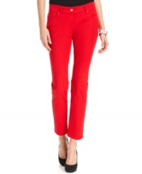 Alfani's skinny pants feature a chic ankle-length silhouette and a bright hue.