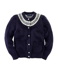 A preppy long-sleeved cardigan in ultra-soft, flat-knit cotton is accented with a Fair Isle pattern. A preppy long-sleeved cardigan in ultra-soft, flat-knit cotton is accented with a Fair Isle pattern.