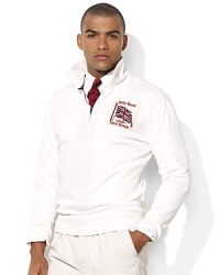 An essential half-zip fleece pullover, crafted from soft French terry, is cut for a trim, modern fit and finished with a vintage-inspired flag patch, celebrating the 2012 Olympic Games. An essential half-zip fleece pullover, crafted from soft French terry, is cut for a trim, modern fit and finished with a vintage-inspired flag patch, celebrating the 2012 Olympic Games.
