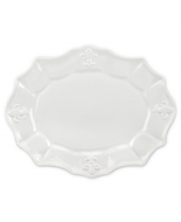 Embossed with the iconic lily, the Fleur de Lys serving platter from Portmeirion sets tables in the French tradition. Classic, scalloped stoneware in cool gray lends distinct old-world elegance to everyday dining. Embossed with the iconic lily, the Fleur de Lys serving platter from Portmeirion sets tables in the French tradition. Classic, scalloped stoneware in cool gray lends distinct old-world elegance to everyday dining.