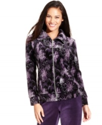 A beautiful feather print adds modern appeal to Style&co. Sport's plush petite jacket in cozy velour fabric. A beautiful feather print adds modern appeal to Style&co. Sport's plush petite jacket in cozy velour fabric.