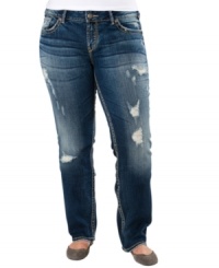 Score a cool vibe with Silver Jeans' plus size straight leg jeans, featuring distressing. Score a cool vibe with Silver Jeans' plus size straight leg jeans, featuring distressing.