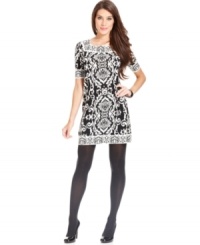 Alfani's shift dress looks lavish with this posh brocade-inspired print. Alfani's shift dress looks lavish with this posh brocade-inspired print.