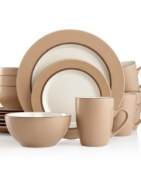 Practical and perfect for every day. Thomson Pottery's Kensington Latte dinnerware set features durable stoneware place settings pairing glossy white interiors with swaths of matte tan and cocoa accents. Practical and perfect for every day. Thomson Pottery's Kensington Latte dinnerware set features durable stoneware place settings pairing glossy white interiors with swaths of matte tan and cocoa accents.
