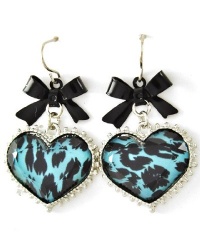 Designer Inspired Blue/Turquoise Leopard Animal Style Print with Black Ribbon Bow Dangling Earrings - Hematite Plating Designer Inspired Blue/Turquoise Leopard Animal Style Print with Black Ribbon Bow Dangling Earrings - Hematite Plating
