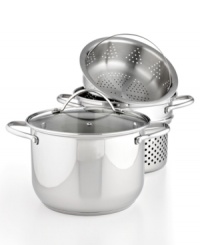 Time to shine! Brilliant stainless steel lights up your stovetop and provides a non-reactive, encapsulated impact-bonded base that heats quickly & evenly for purely professional results, plus with the included glass lid, pasta & steamer inserts, this multi-pot is your go-to for going gourmet in a flash. Limited lifetime warranty. Time to shine! Brilliant stainless steel lights up your stovetop and provides a non-reactive, encapsulated impact-bonded base that heats quickly & evenly for purely professional results, plus with the included glass lid, pasta & steamer inserts, this multi-pot is your go-to for going gourmet in a flash. Limited lifetime warranty.