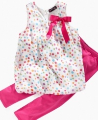 Spot a sweet style. She'll love the comfy cute of this dotted print bubble dress and matching leggings set from Tempted. Spot a sweet style. She'll love the comfy cute of this dotted print bubble dress and matching leggings set from Tempted.